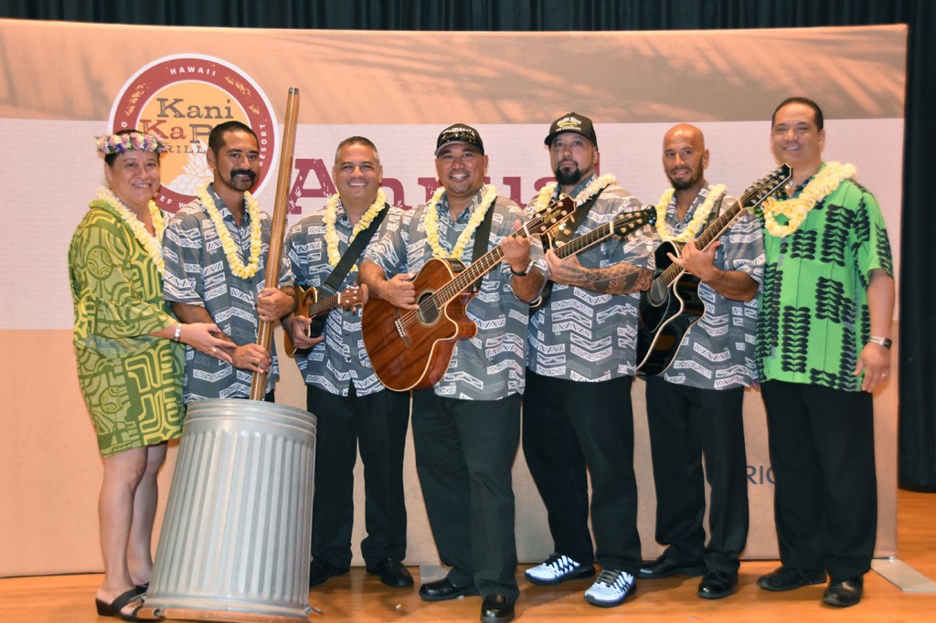 Last year’s 2015 Kani Ka Pila Grille Talent search winners, the Waimanalo Sunset Band with event emcee Billy V and Luana Maitland, music director at Kani Ka Pila Grille
