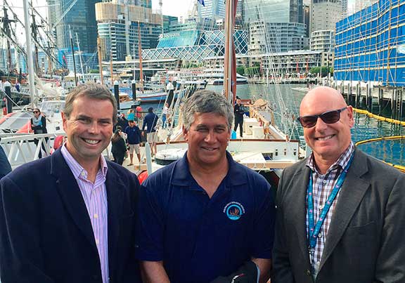 Andrew Gee, Hokulea Captain Bruce Blankenfeld and Andrew Denman (head of sales & marketing Australia for Hawaiian Airlines)